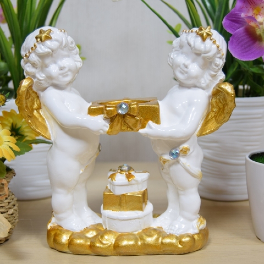 Фигурка Ангел 16 см 'Пара с подсвечником' белый с золотом